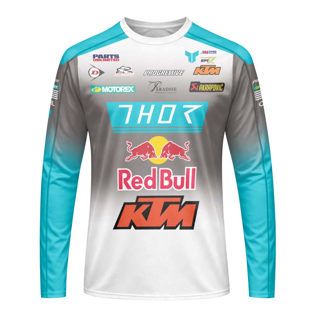 Aaron Plessinger #7 Red Bull KTM Turquoise Long Sleeve Motocross Jersey – Front View Mockup