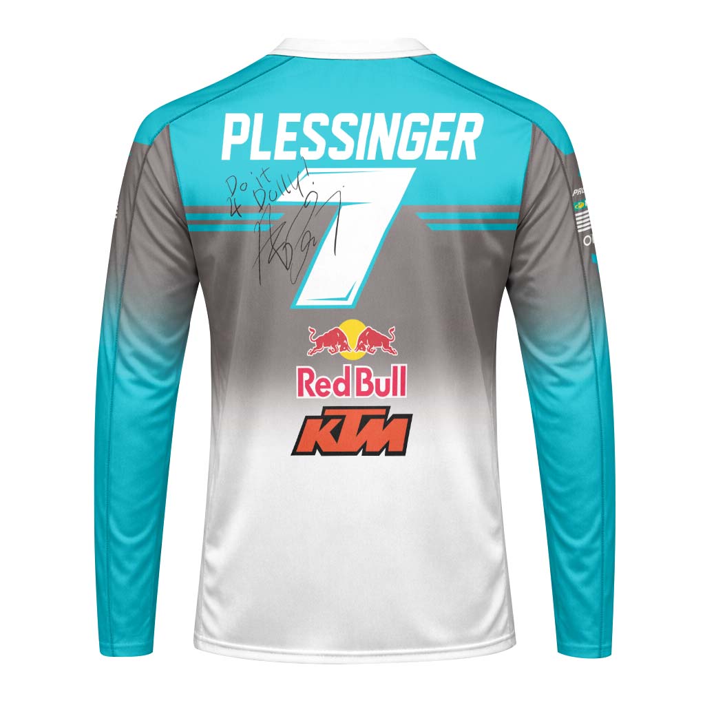Aaron Plessinger #7 Red Bull KTM Turquoise Long Sleeve Motocross Jersey – Back View Mockup