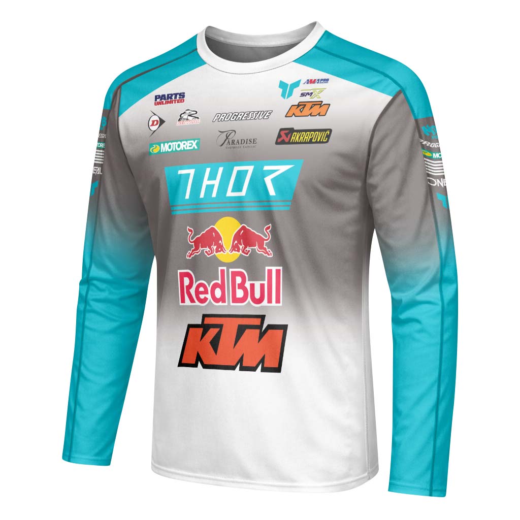 Aaron Plessinger #7 Red Bull KTM Turquoise Long Sleeve Motocross Jersey – Left Side View Mockup