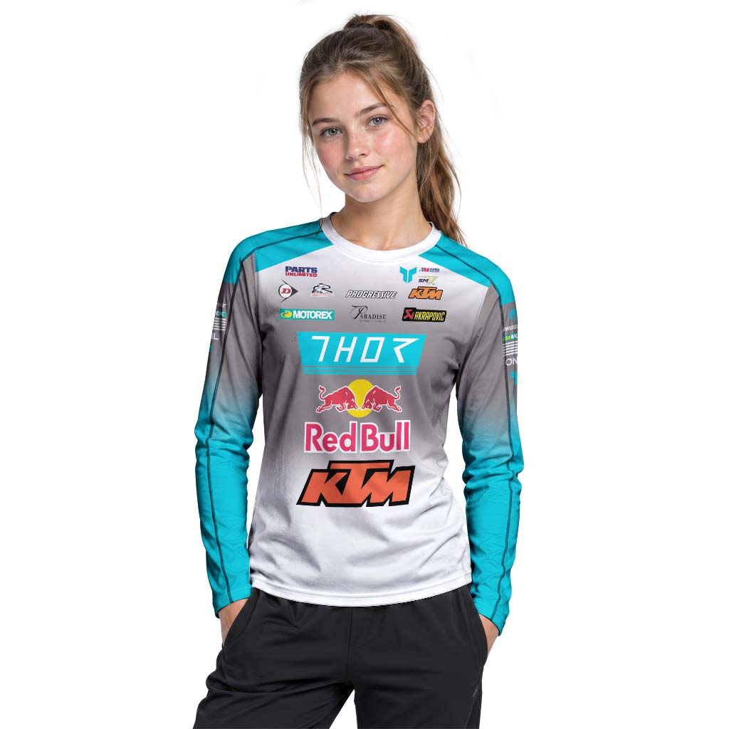 Aaron Plessinger #7 Red Bull KTM Turquoise Youth Long Sleeve Motocross Jersey – Girl Lifestyle View