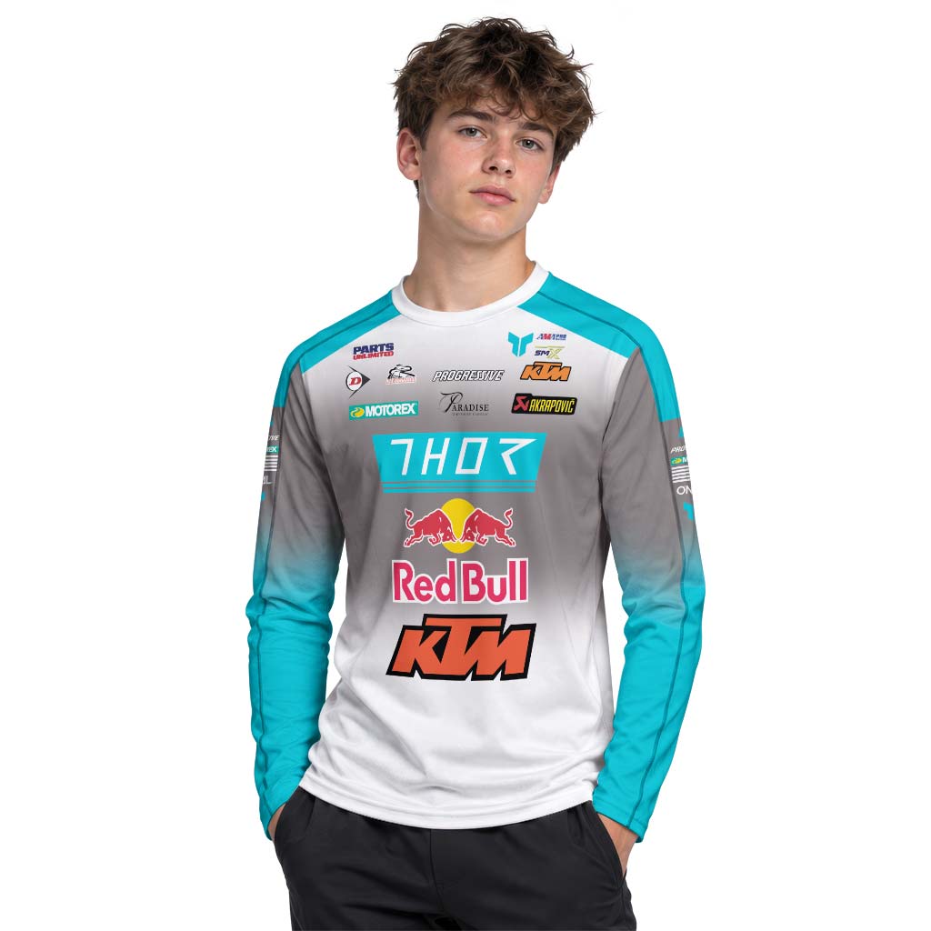 Aaron Plessinger #7 Red Bull KTM Turquoise Youth Long Sleeve Motocross Jersey – Boy Lifestyle View