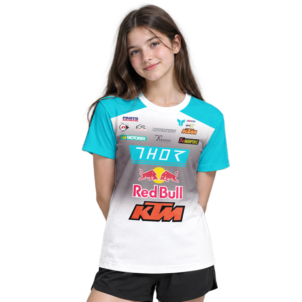 Aaron Plessinger #7 Red Bull KTM Turquoise Youth Short Sleeve Motocross Jersey – Girl Lifestyle View