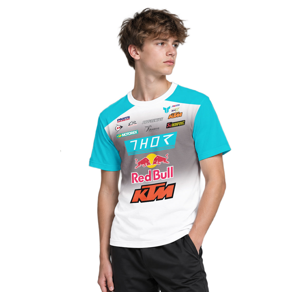 Aaron Plessinger #7 Red Bull KTM Turquoise Youth Short Sleeve Motocross Jersey – Boy Lifestyle View