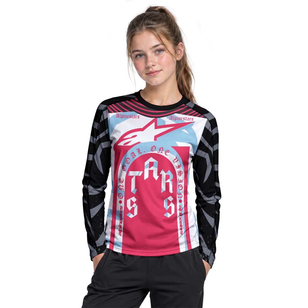 Alpinestars Marlboro Red Black White Youth Long Sleeve Mountain Bike Jersey – Girl Lifestyle View