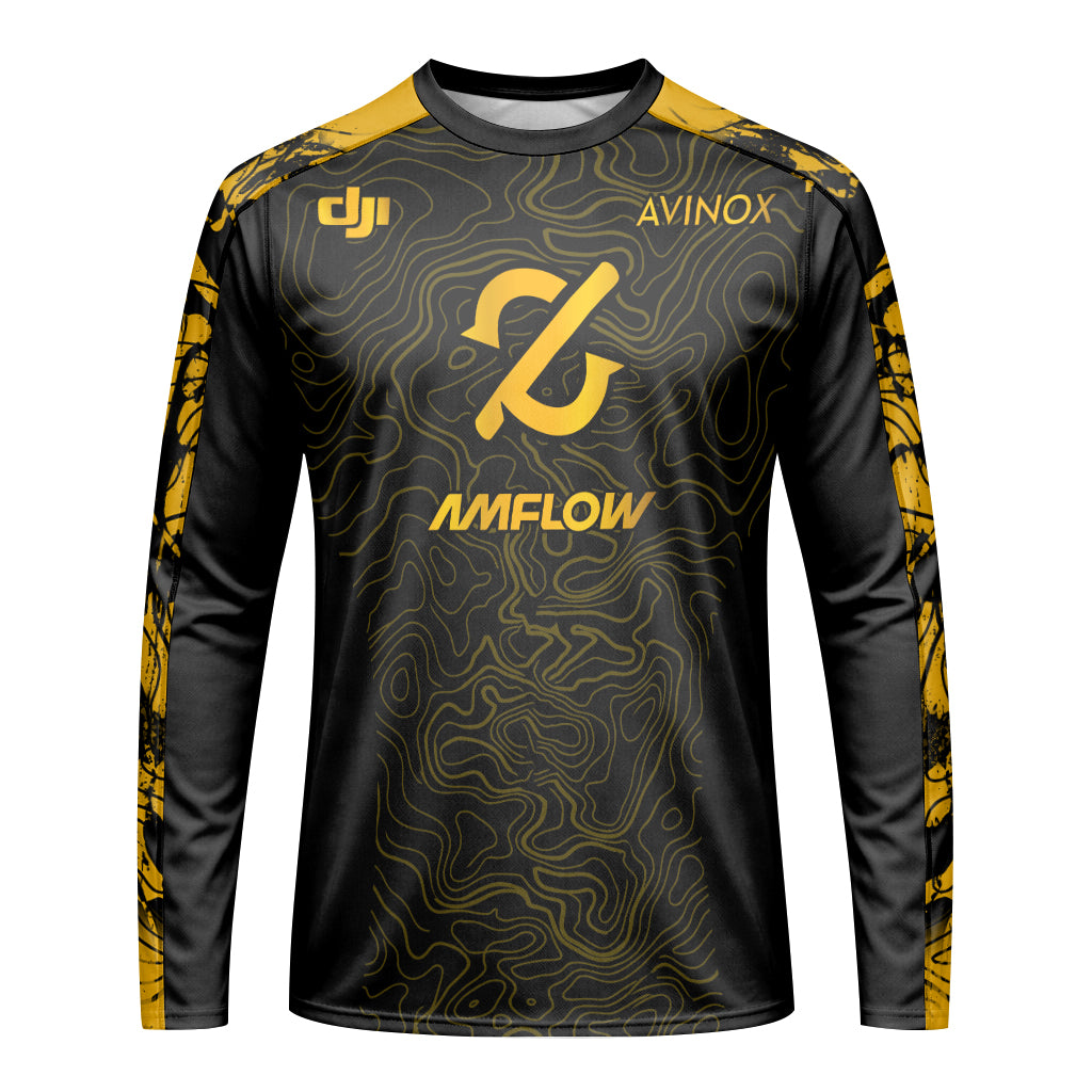AMFLOW Avinox Black Gold Topographic Long Sleeve Mountain Bike Jersey – Front View Mockup