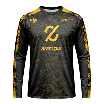 AMFLOW Avinox Black Gold Topographic Long Sleeve Mountain Bike Jersey – Front View Mockup
