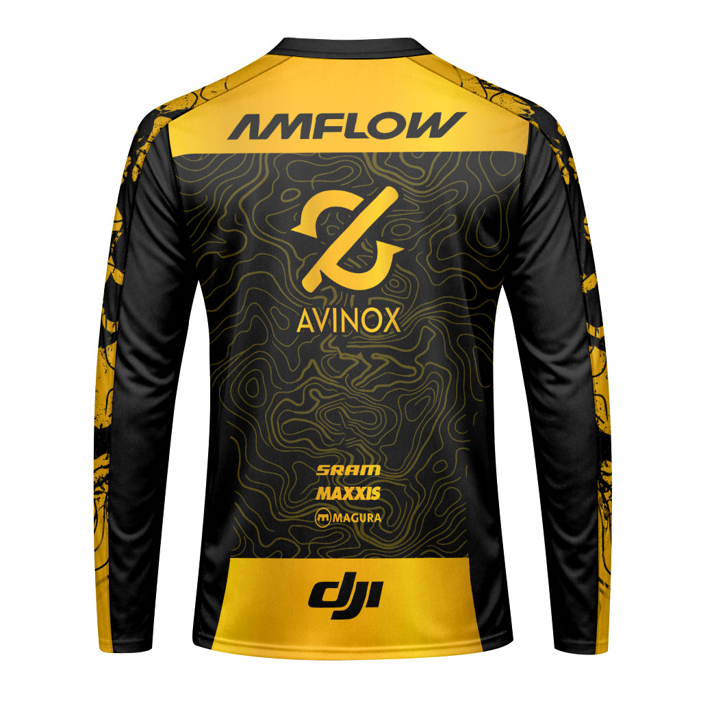 AMFLOW Avinox Black Gold Topographic Long Sleeve Mountain Bike Jersey – Back View Mockup
