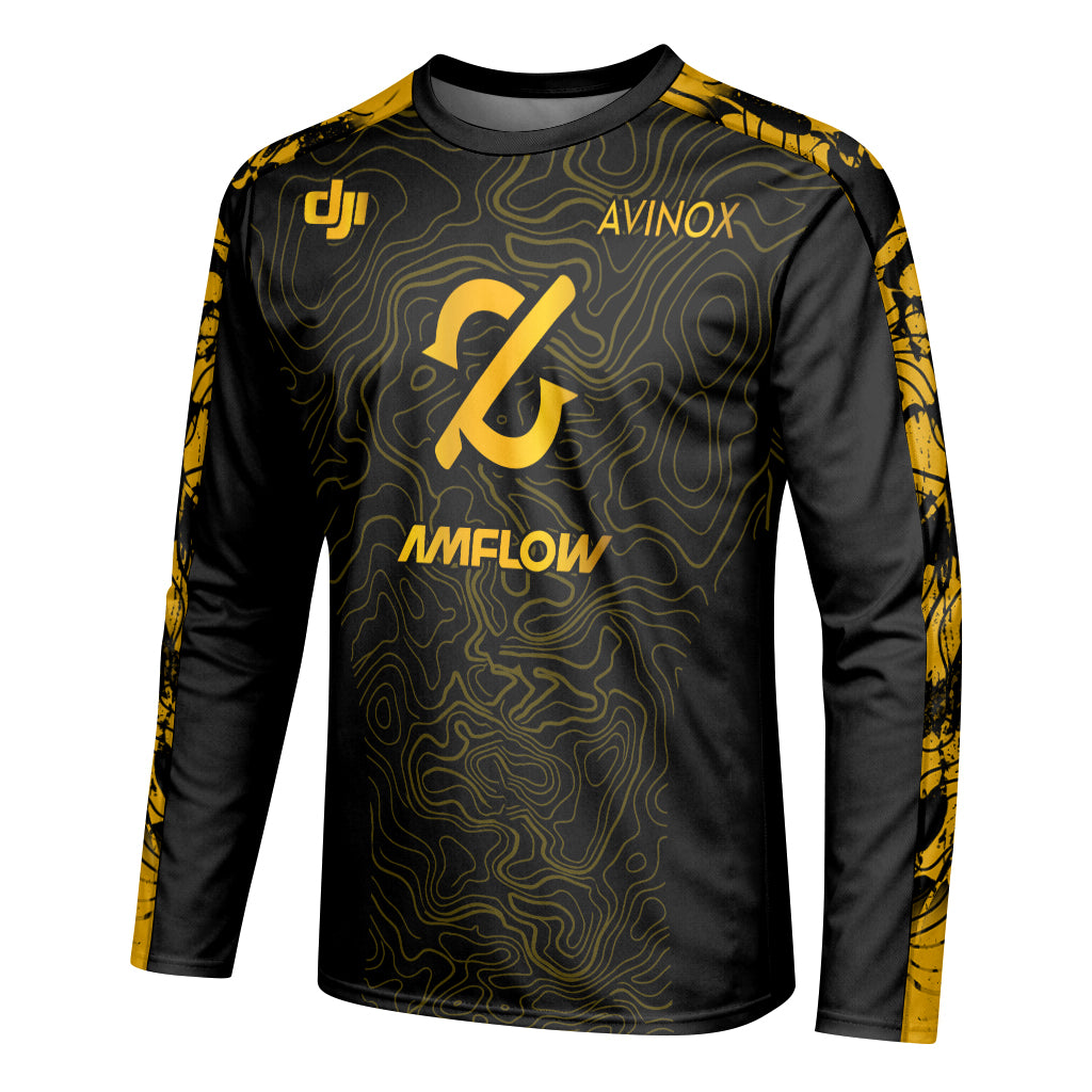 AMFLOW Avinox Black Gold Topographic Long Sleeve Mountain Bike Jersey – Left Side View Mockup