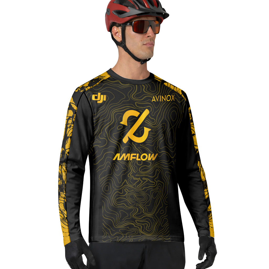 AMFLOW Avinox Black Gold Topographic Long Sleeve Mountain Bike Jersey – Lifestyle View