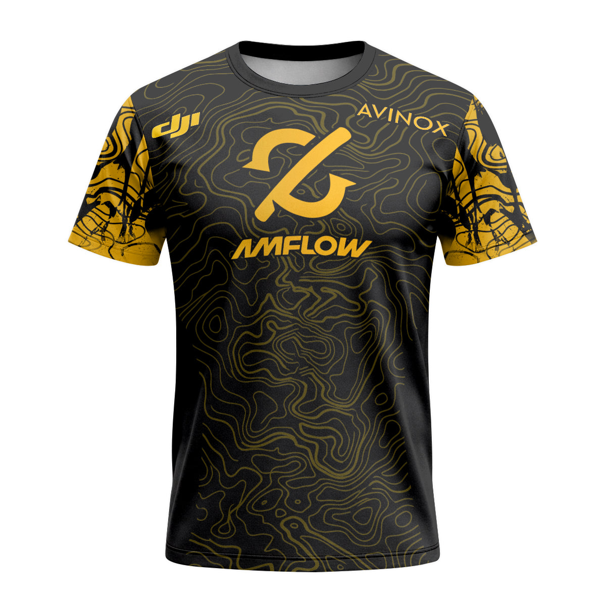 AMFLOW Avinox Black Gold Topographic Short Sleeve Mountain Bike Jersey – Front View Mockup