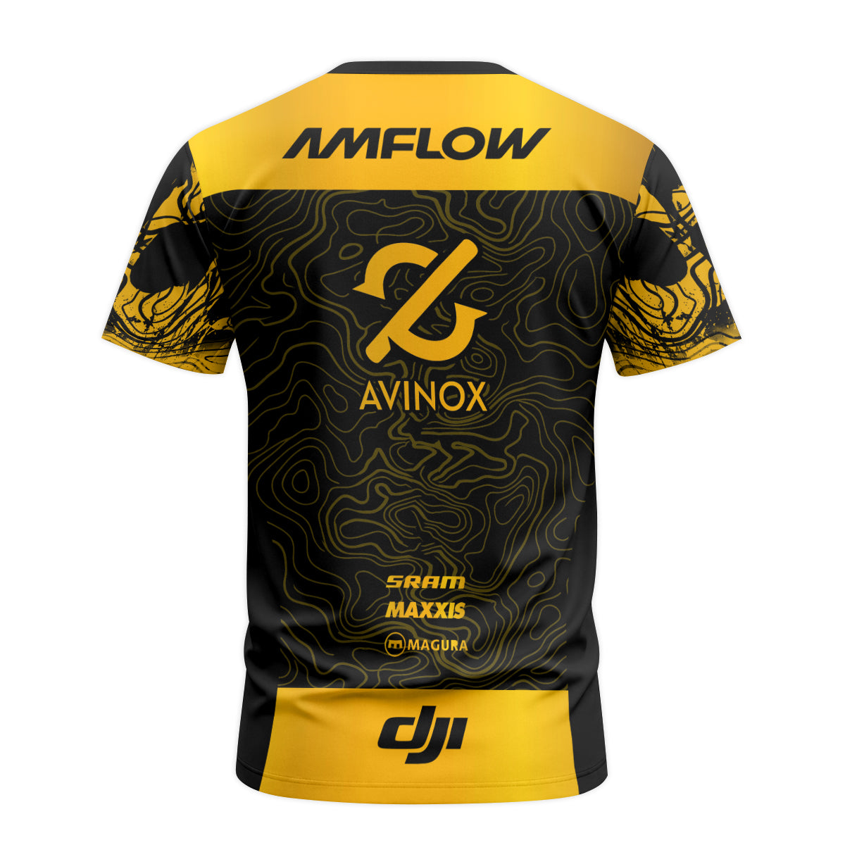 AMFLOW Avinox Black Gold Topographic Short Sleeve Mountain Bike Jersey – Back View Mockup