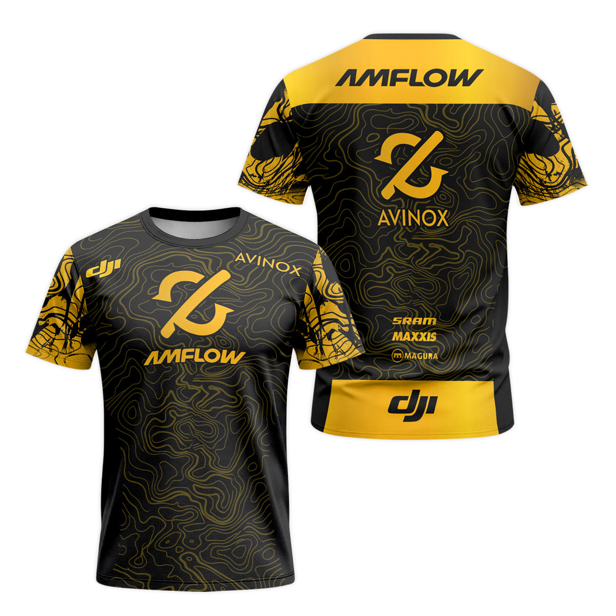 AMFLOW Avinox Black Gold Topographic Short Sleeve Mountain Bike Jersey – Front and Back View