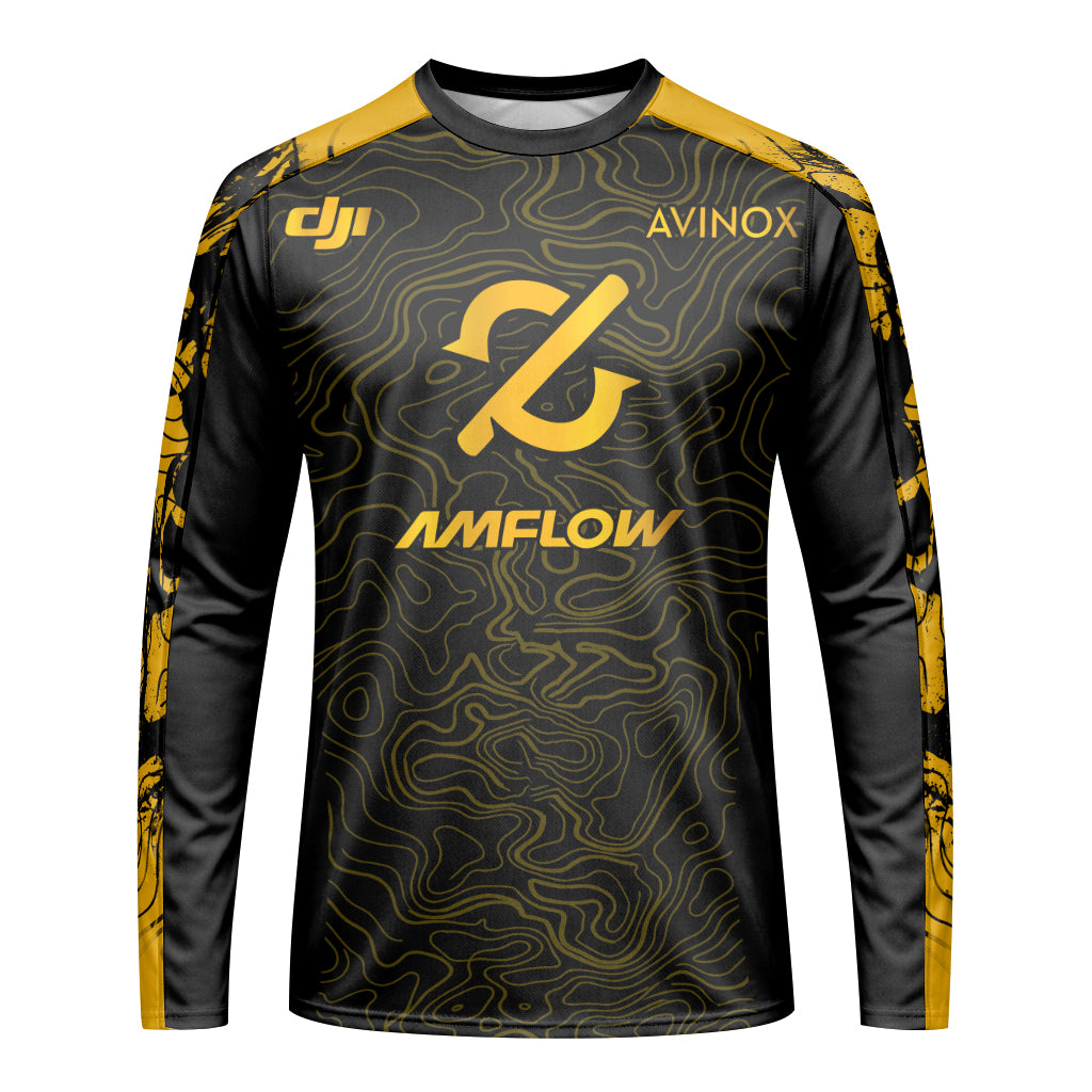 AMFLOW Avinox Black Gold Topographic Youth Long Sleeve Mountain Bike Jersey – Front View Mockup