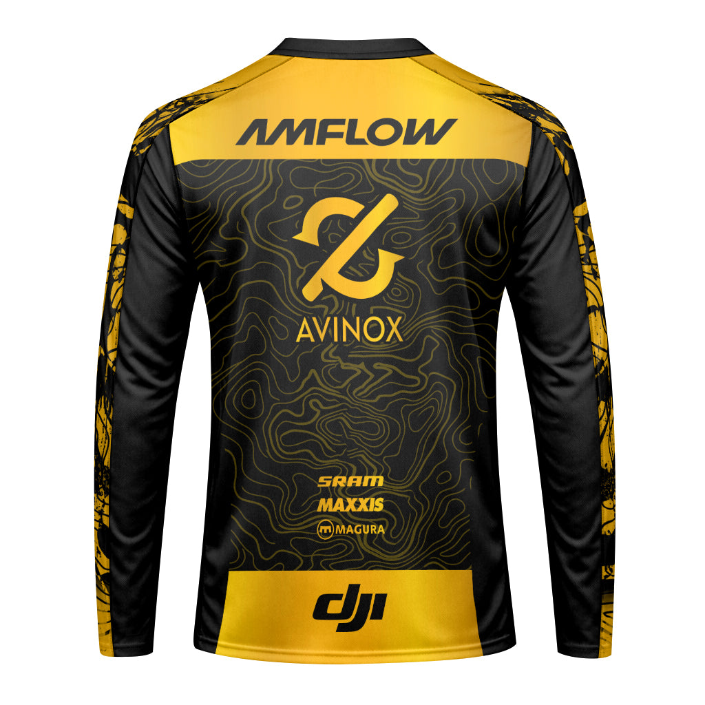 AMFLOW Avinox Black Gold Topographic Youth Long Sleeve Mountain Bike Jersey – Back View Mockup