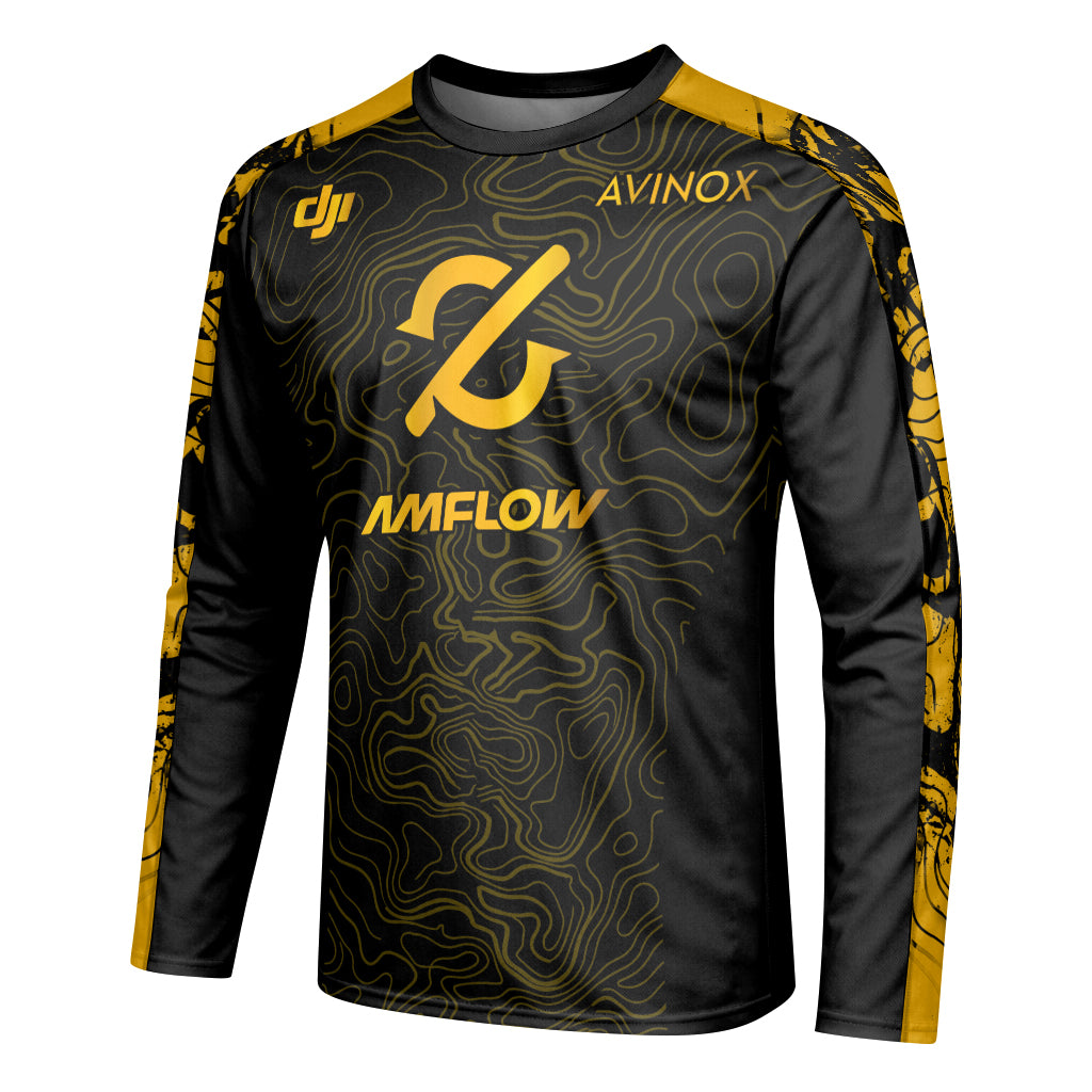 AMFLOW Avinox Black Gold Topographic Youth Long Sleeve Mountain Bike Jersey – Left Side View Mockup