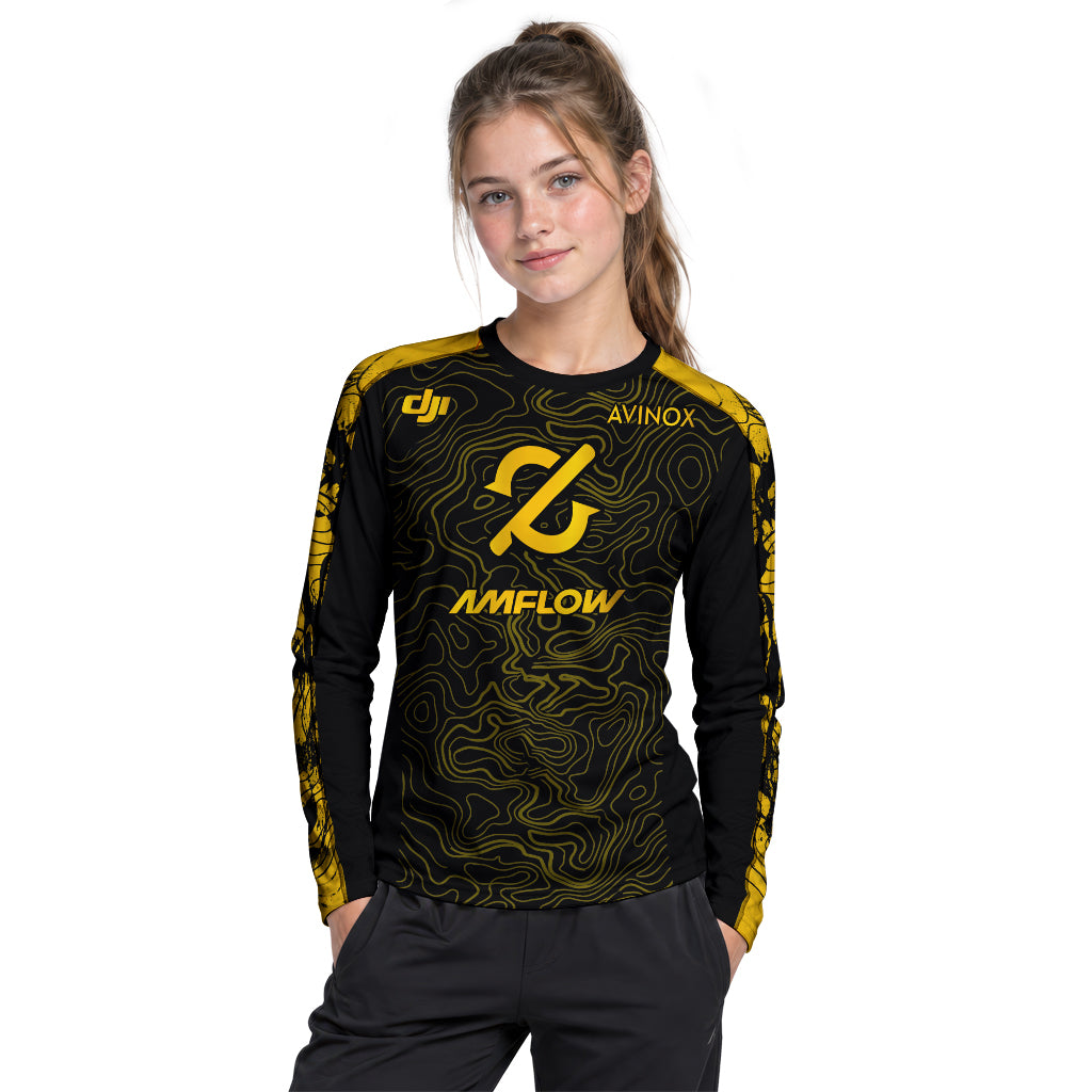 AMFLOW Avinox Black Gold Topographic Youth Long Sleeve Mountain Bike Jersey – Girl Lifestyle View