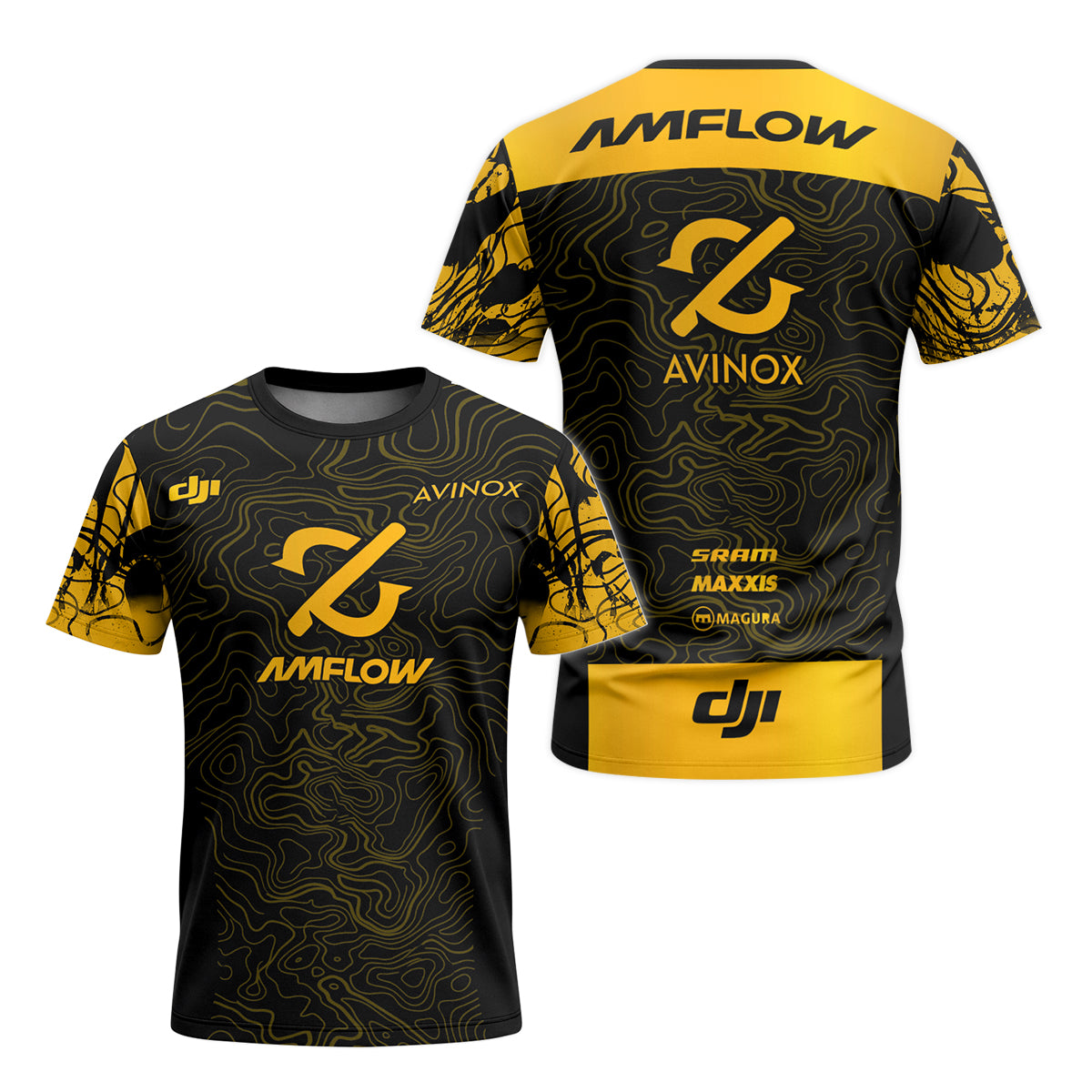AMFLOW Avinox Black Gold Topographic Youth Short Sleeve Mountain Bike Jersey – Front and Back View