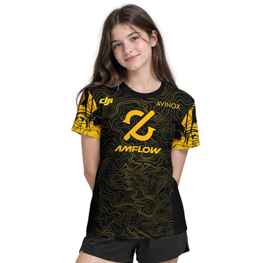 AMFLOW Avinox Black Gold Topographic Youth Short Sleeve Mountain Bike Jersey – Boy Lifestyle View