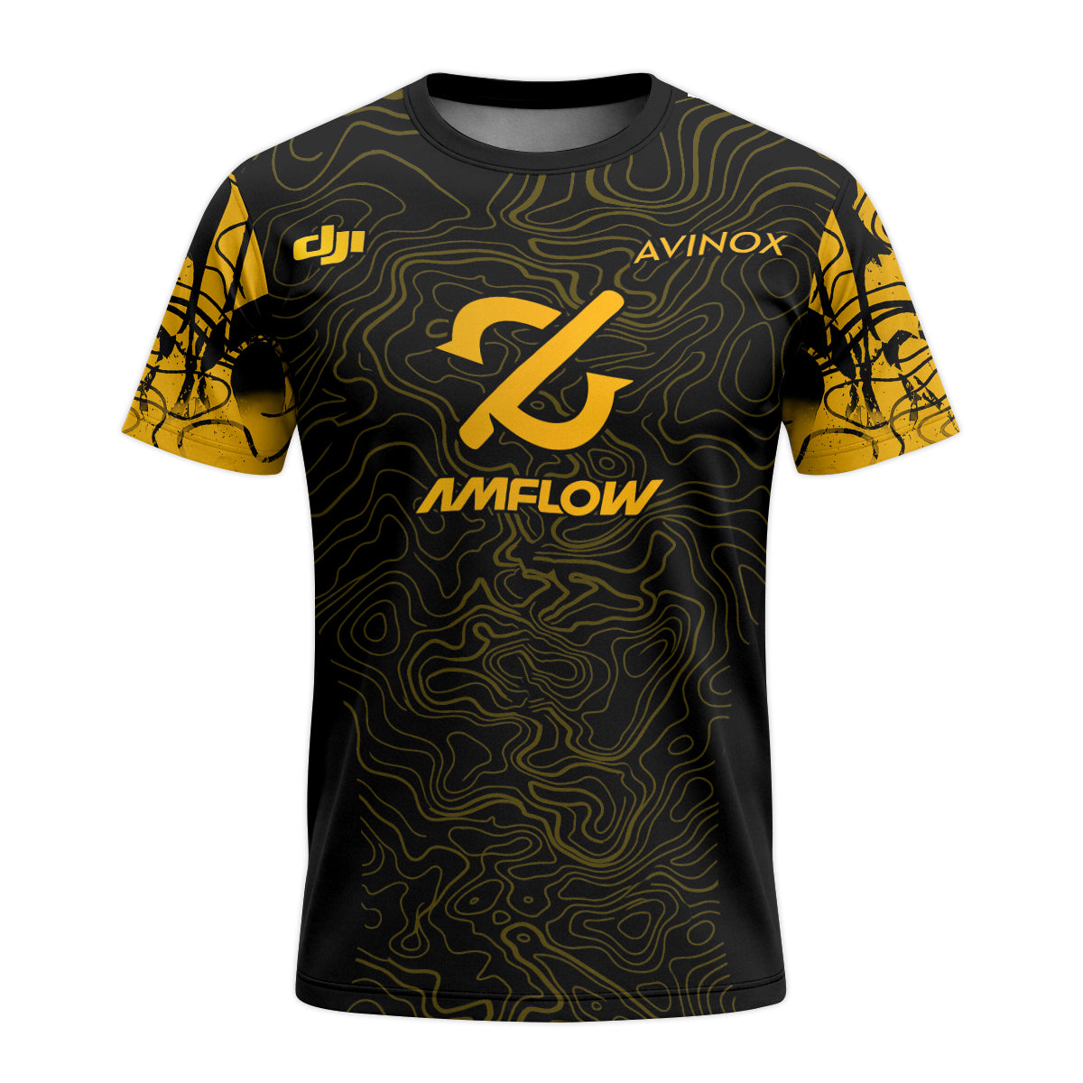 AMFLOW Avinox Black Gold Topographic Youth Short Sleeve Mountain Bike Jersey – Front View Mockup