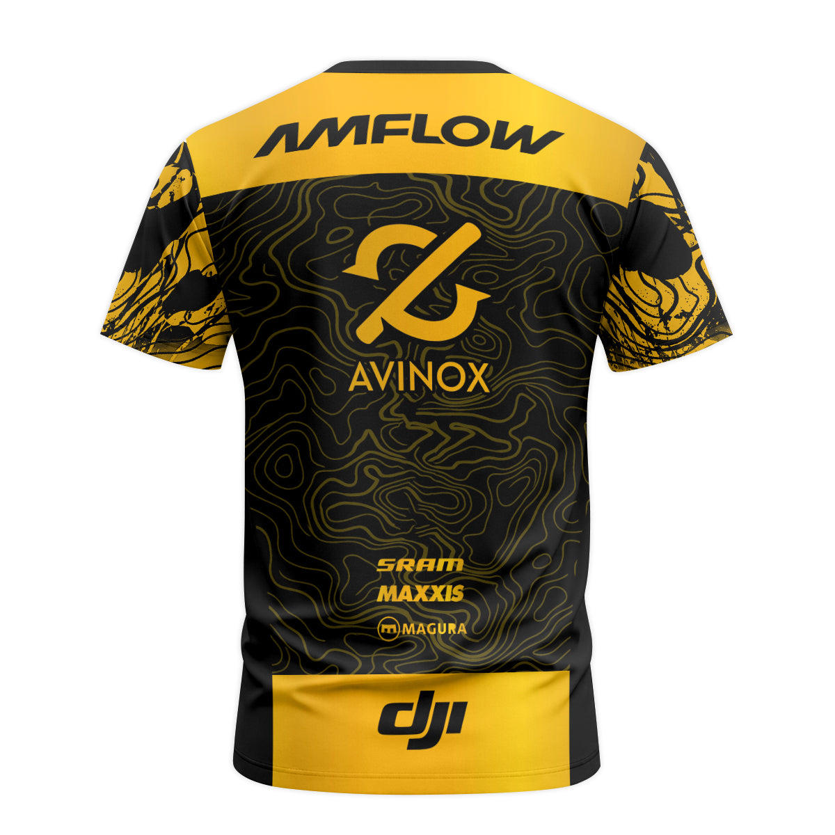 AMFLOW Avinox Black Gold Topographic Youth Short Sleeve Mountain Bike Jersey – Back View Mockup