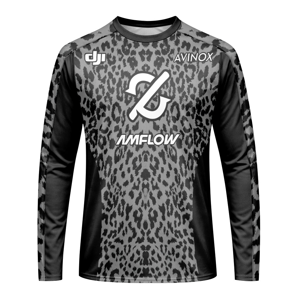 AMFLOW AVINOX Black Gray Leopard Long Sleeve Mountain Bike Jersey – Front View Mockup