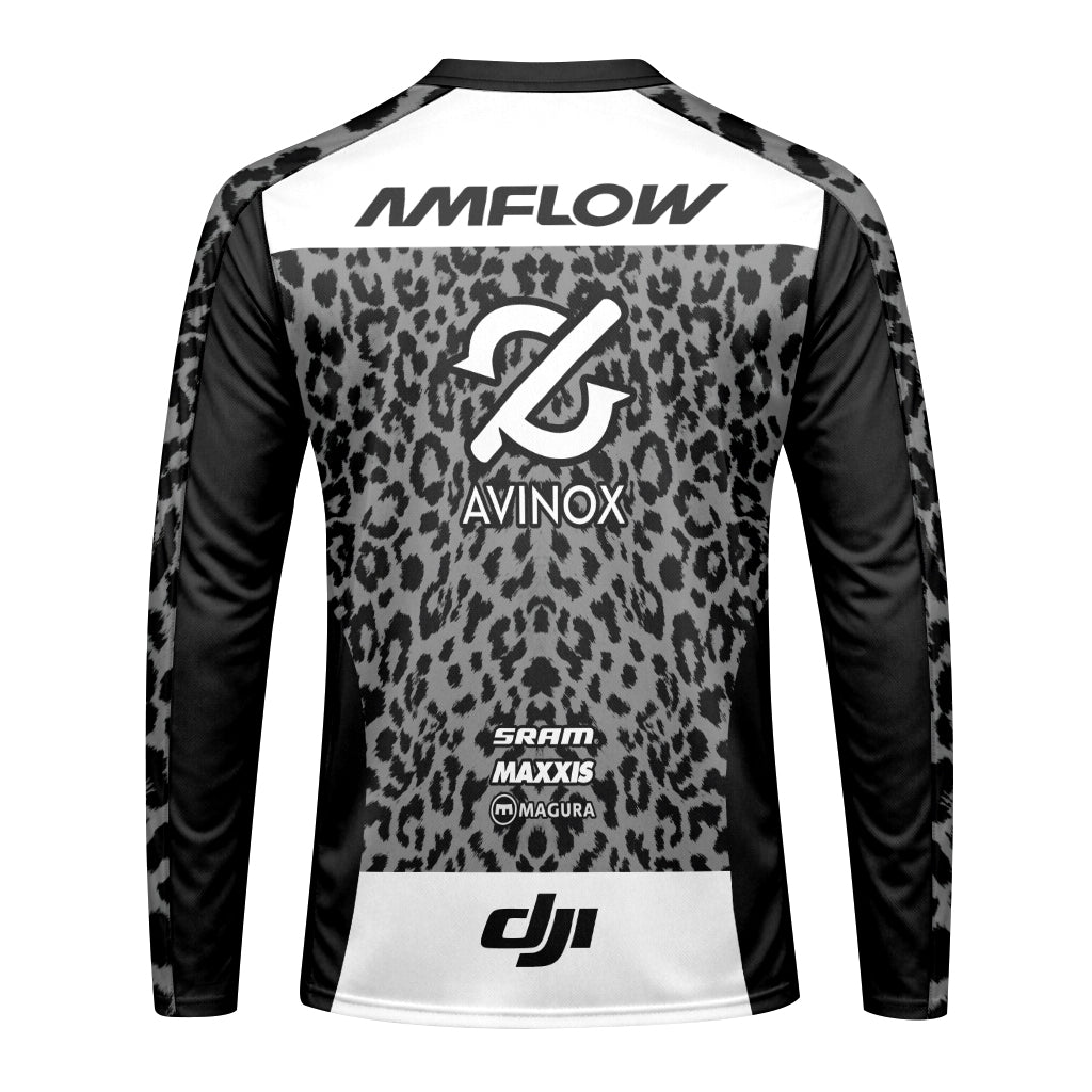 AMFLOW AVINOX Black Gray Leopard Long Sleeve Mountain Bike Jersey – Front View Mockup