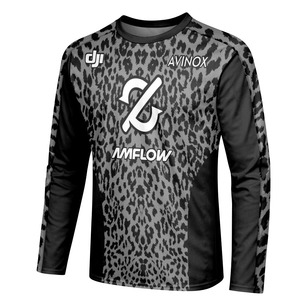 AMFLOW AVINOX Black Gray Leopard Long Sleeve Mountain Bike Jersey – Left Side View Mockup