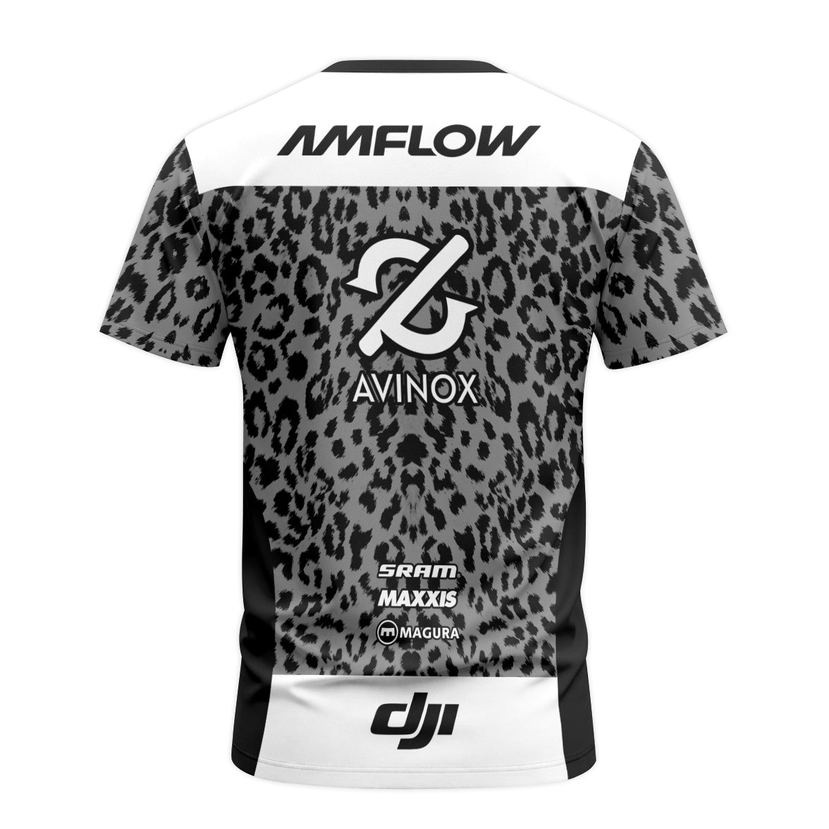 AMFLOW AVINOX Black Gray Leopard Short Sleeve Mountain Bike Jersey – Back View Mockup