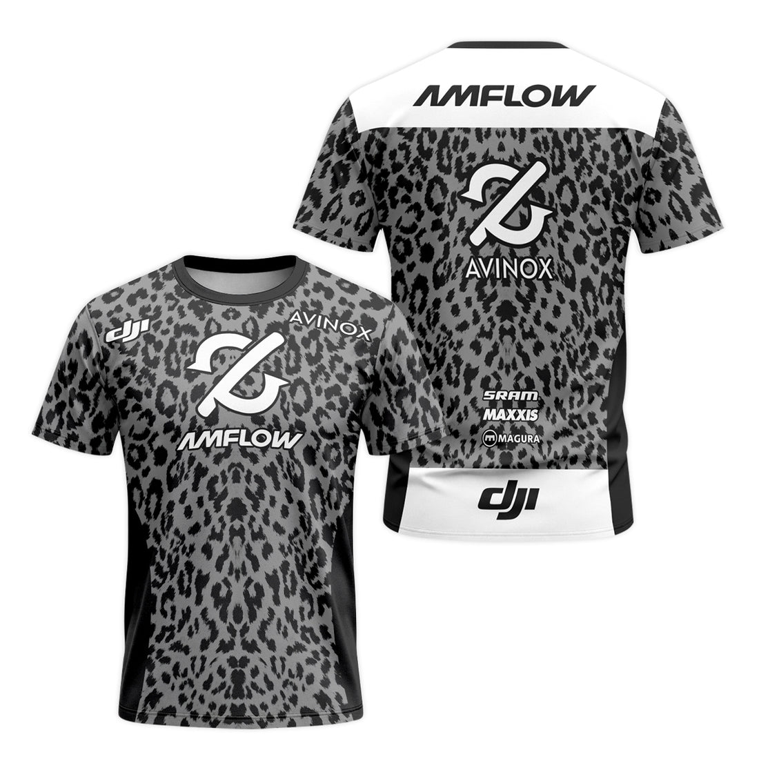AMFLOW AVINOX Black Gray Leopard Short Sleeve Mountain Bike Jersey – Front and Back View