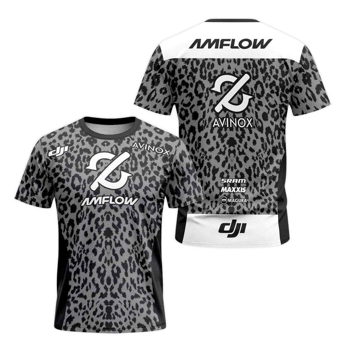 AMFLOW AVINOX Black Gray Leopard Short Sleeve Mountain Bike Jersey – Front and Back View