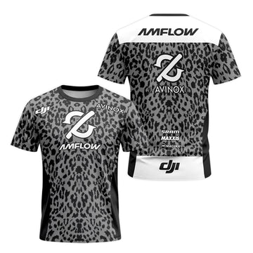 AMFLOW AVINOX Black Gray Leopard Short Sleeve Mountain Bike Jersey – Front and Back View