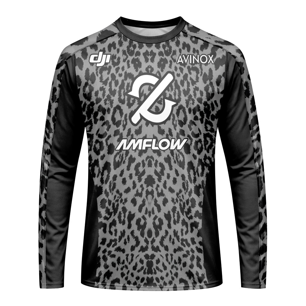 AMFLOW AVINOX Black Gray Leopard Youth Long Sleeve Mountain Bike Jersey – Front View Mockup