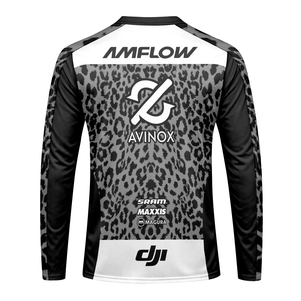AMFLOW AVINOX Black Gray Leopard Youth Long Sleeve Mountain Bike Jersey – Back View Mockup