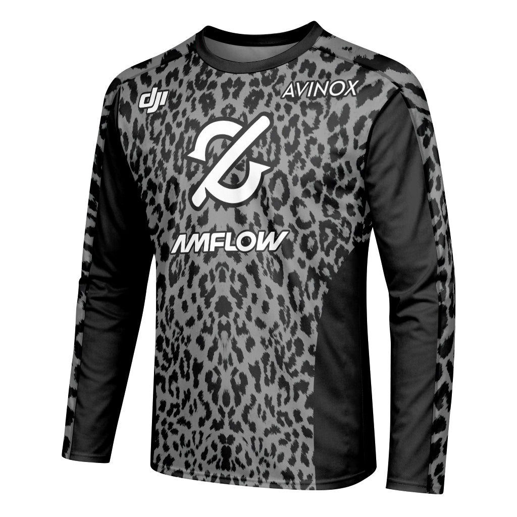 AMFLOW AVINOX Black Gray Leopard Youth Long Sleeve Mountain Bike Jersey – Left Side View Mockup