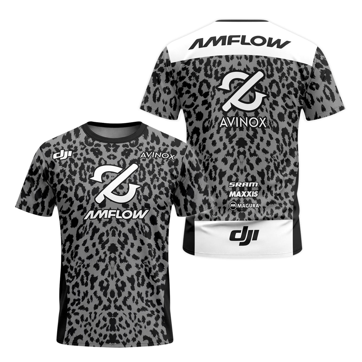 AMFLOW AVINOX Black Gray Leopard Youth Short Sleeve Mountain Bike Jersey – Front and Back View