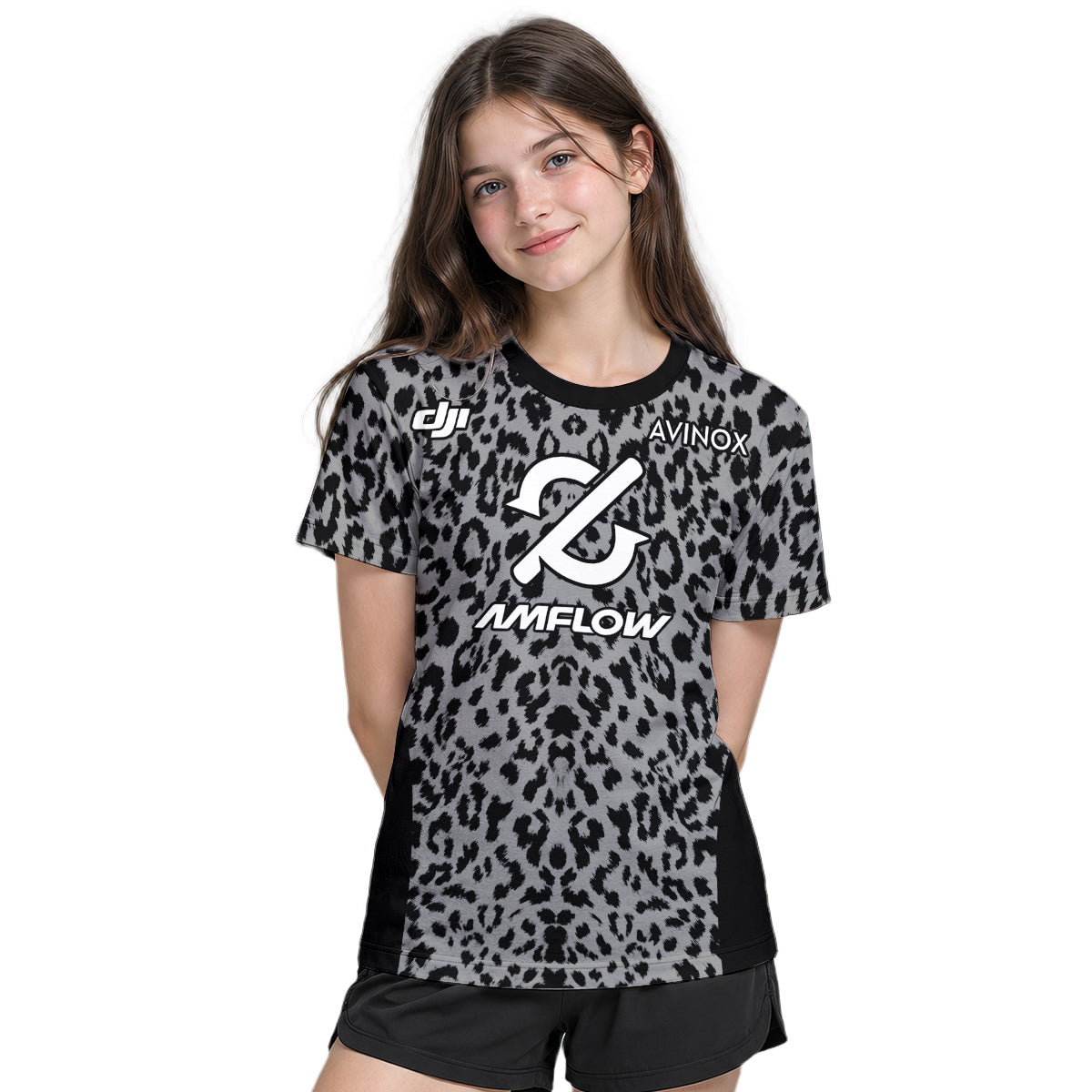 AMFLOW AVINOX Black Gray Leopard Youth Short Sleeve Mountain Bike Jersey – Girl Lifestyle View