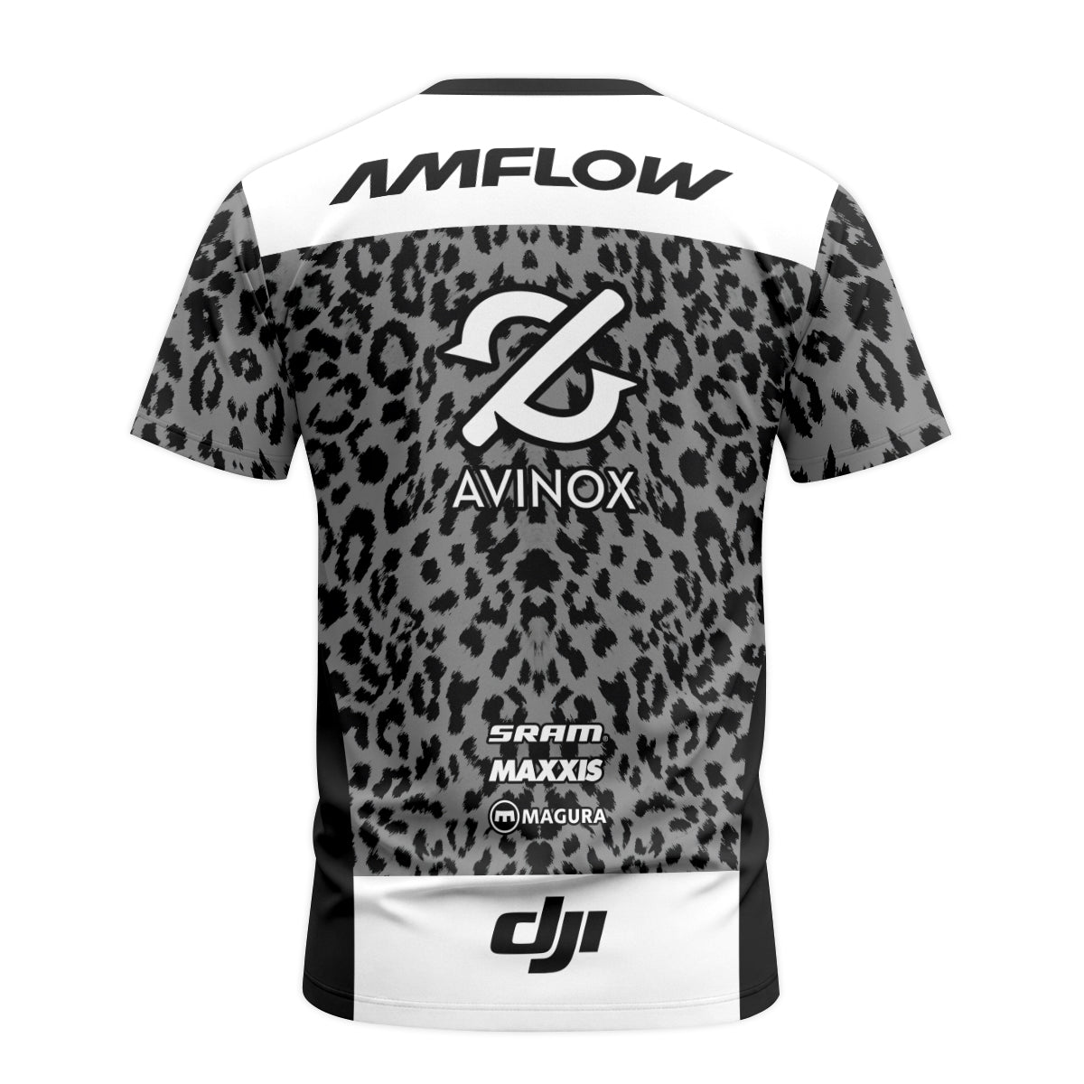 AMFLOW AVINOX Black Gray Leopard Youth Short Sleeve Mountain Bike Jersey – Back View Mockup