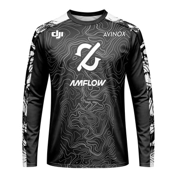 AMFLOW Avinox Black Topographic Long Sleeve Mountain Bike Jersey – Front View Mockup