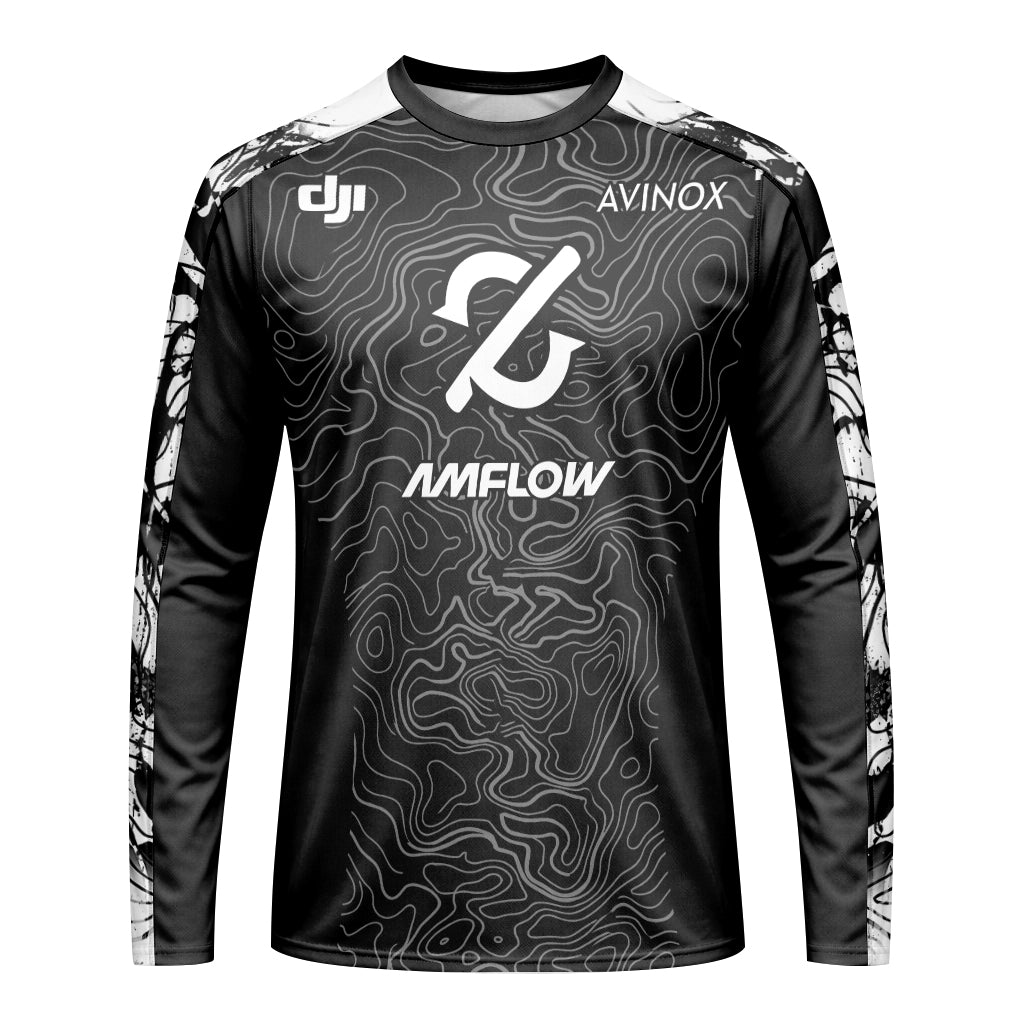 AMFLOW DJI Avinox Black White Topographic Long Sleeve Mountain Bike Jersey