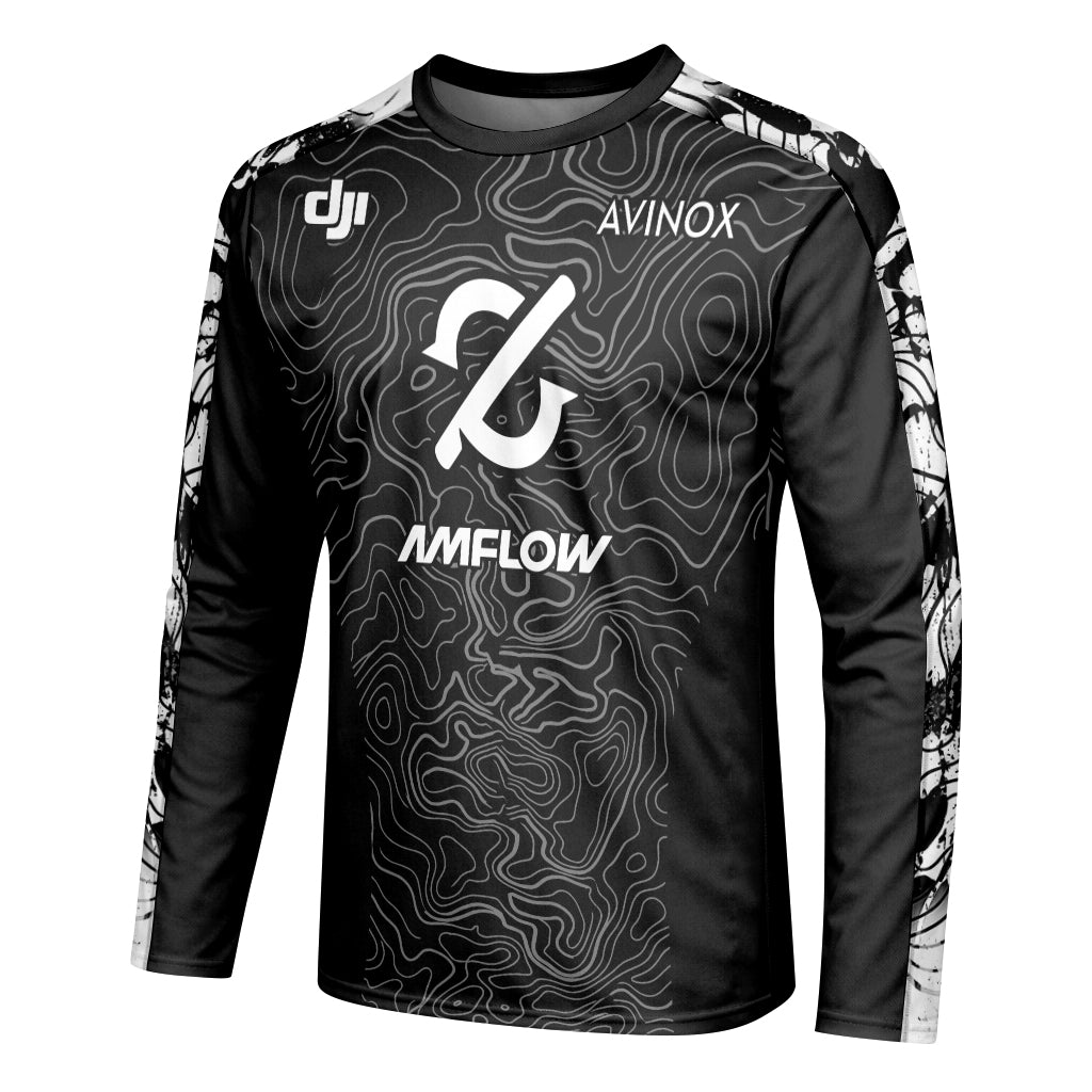 AMFLOW Avinox Black Topographic Long Sleeve Mountain Bike Jersey – Left Side View Mockup