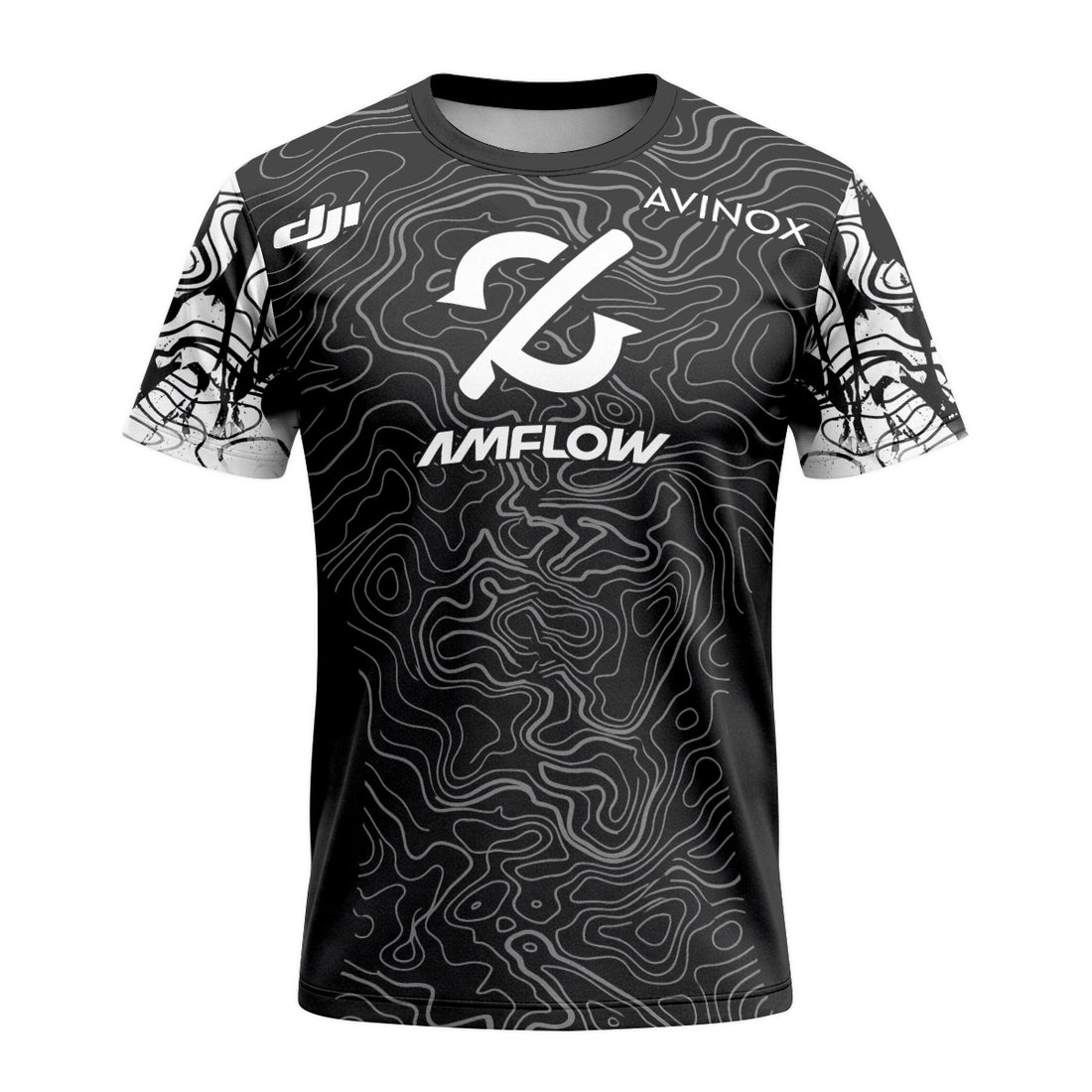 AMFLOW Avinox Black Topographic Short Sleeve Mountain Bike Jersey – Front and Back View