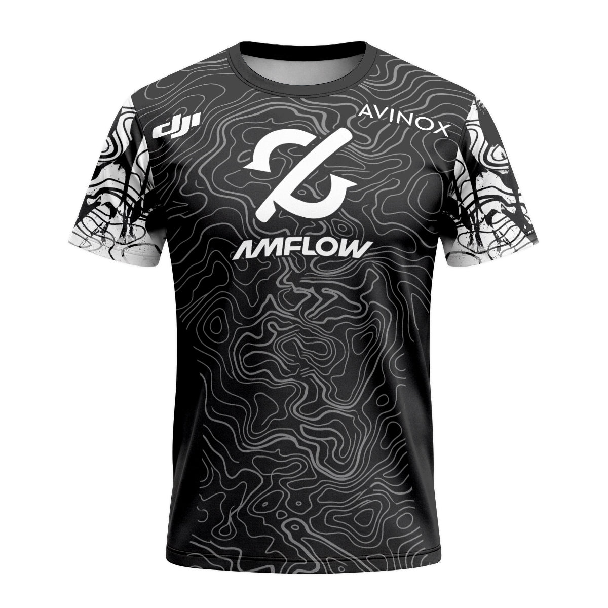 AMFLOW Avinox Black Topographic Short Sleeve Mountain Bike Jersey – Front View Mockup