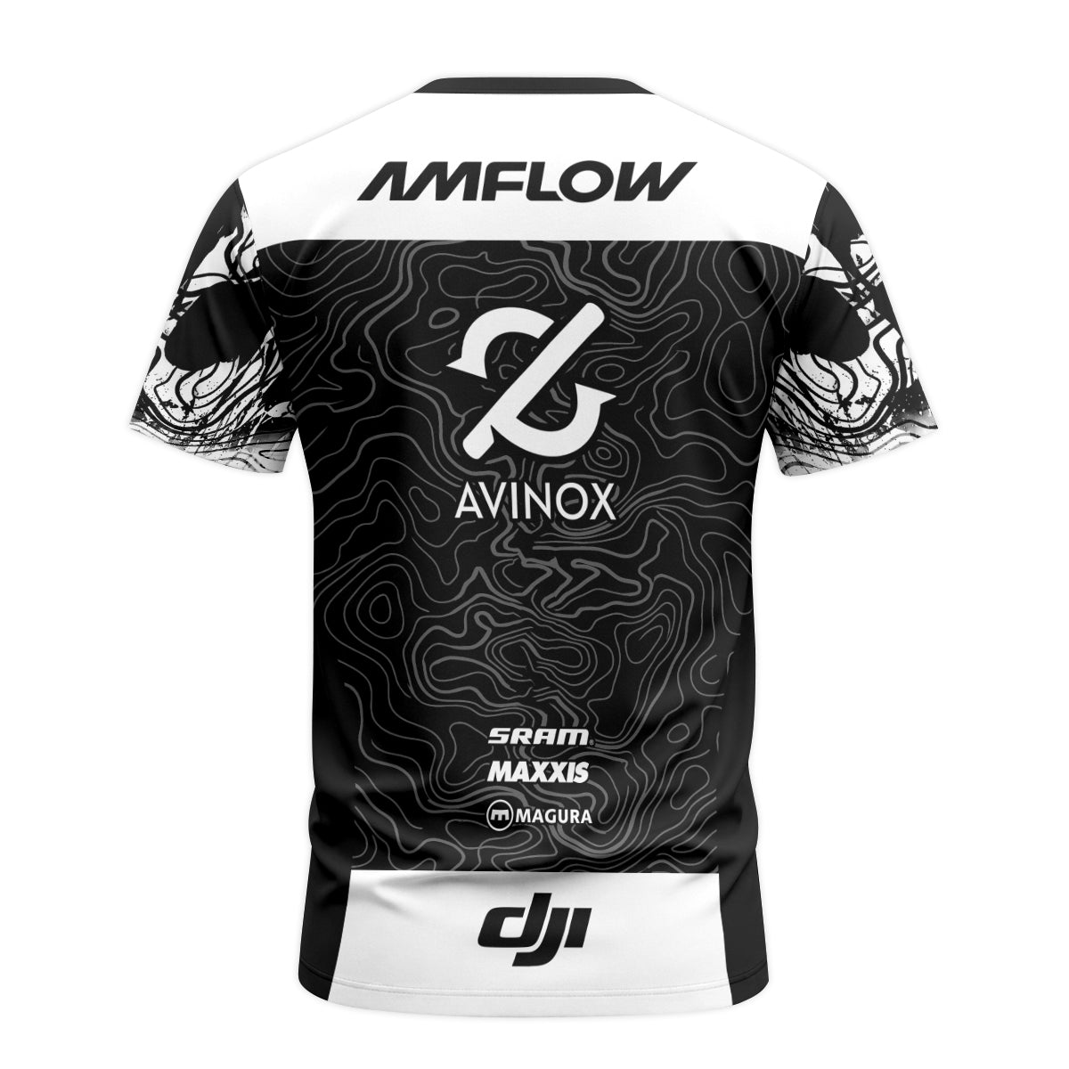 AMFLOW Avinox Black Topographic Short Sleeve Mountain Bike Jersey – Back View Mockup