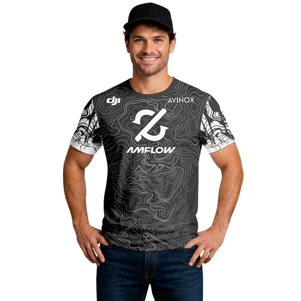 AMFLOW Avinox Black Topographic Short Sleeve Mountain Bike Jersey – Lifestyle View