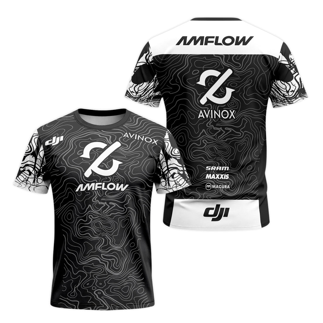 AMFLOW Avinox Black Topographic Short Sleeve Mountain Bike Jersey – Front and Back View