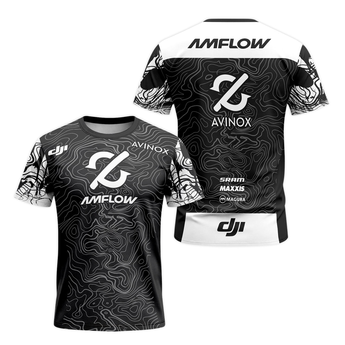 AMFLOW Avinox Black Topographic Short Sleeve Mountain Bike Jersey – Front and Back View