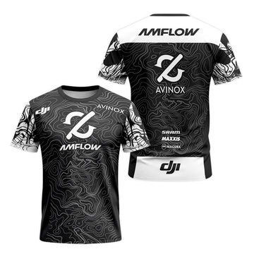 AMFLOW Avinox Black Topographic Short Sleeve Mountain Bike Jersey – Front and Back View