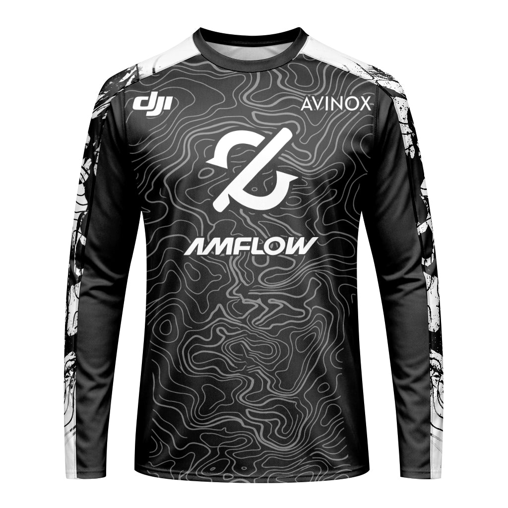 AMFLOW Avinox Black Topographic Youth Long Sleeve Mountain Bike Jersey – Front View Mockup