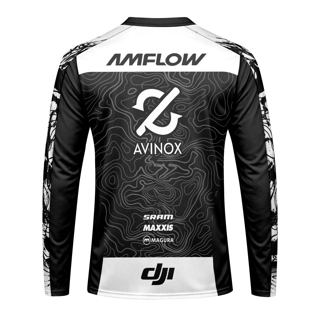 AMFLOW Avinox Black Topographic Youth Long Sleeve Mountain Bike Jersey – Back View Mockup