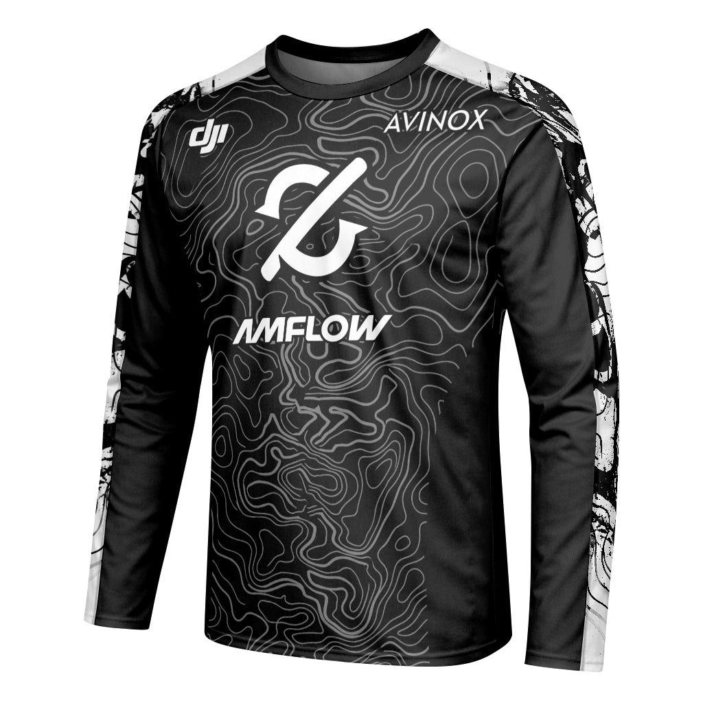 AMFLOW Avinox Black Topographic Youth Long Sleeve Mountain Bike Jersey – Left Side View Mockup